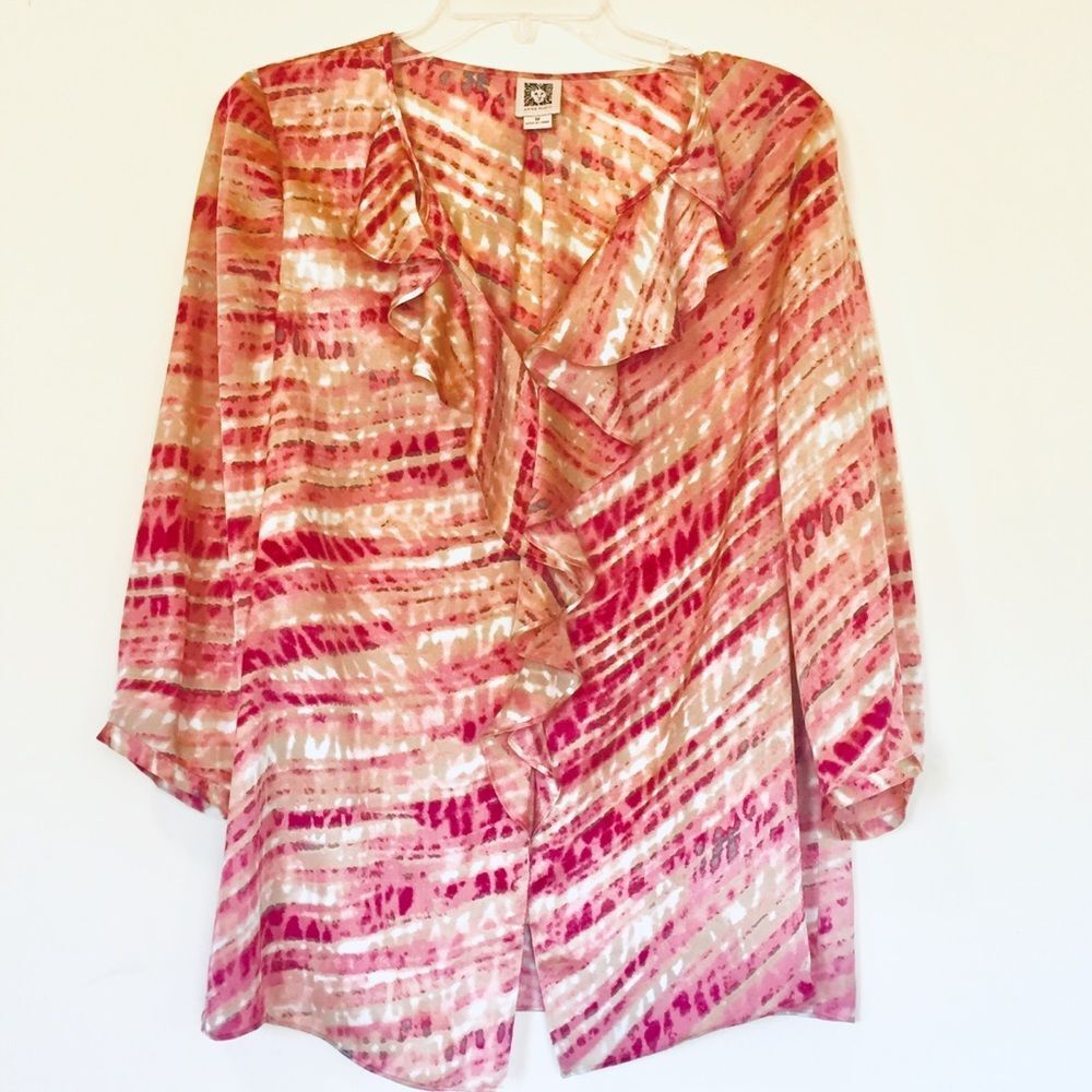 Anne  Klein Floral 3/4 Sleeve Abstract Satin Button Up Ruffle Shirt